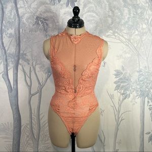 Victoria’s Secret Dusty Coral Peach Lace High Neck Thong Bodysuit Teddy Nightie